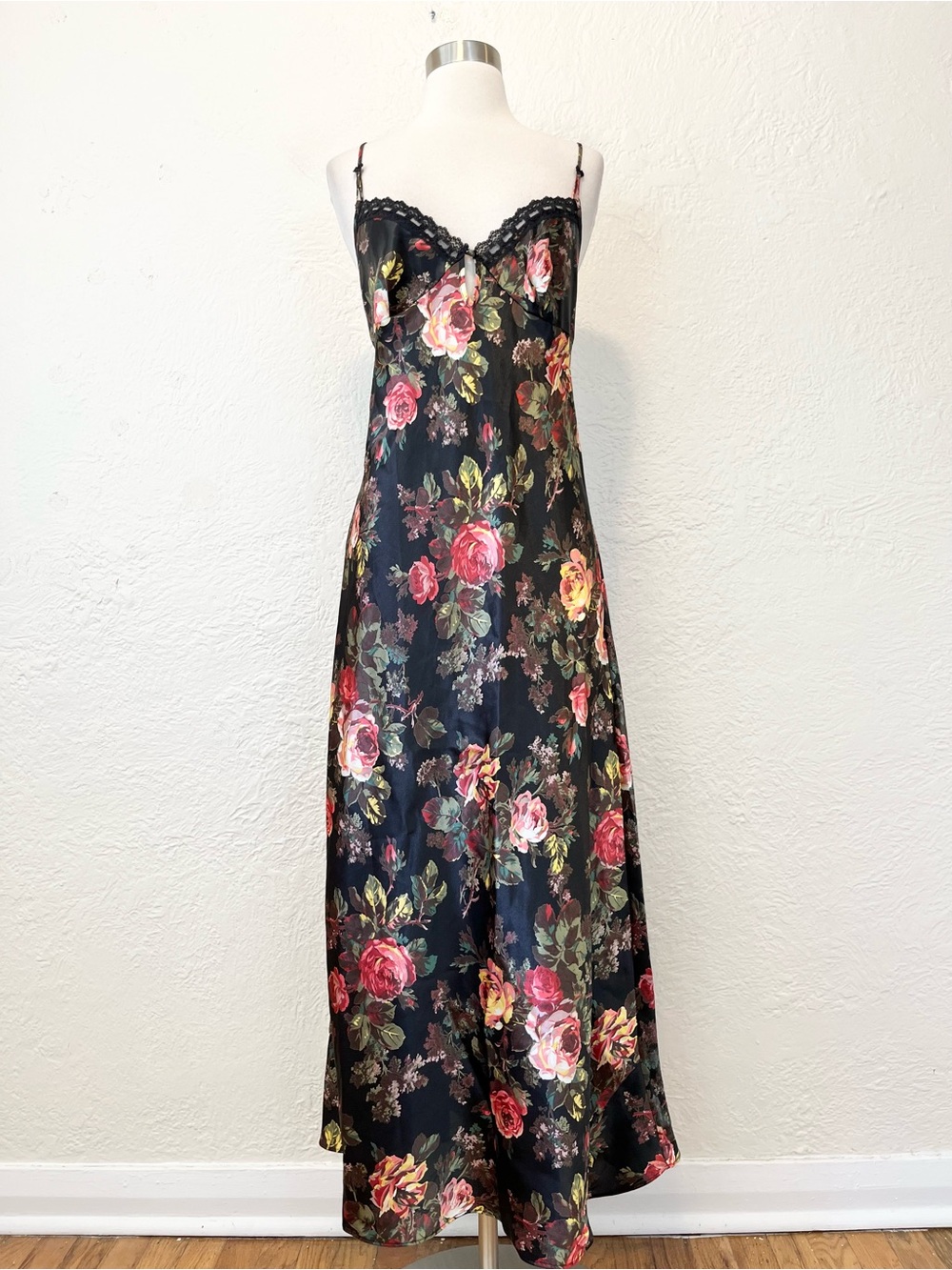 Vintage 90s Slip Dress Lingerie Black Floral Satin Romantic Whimsy Large L